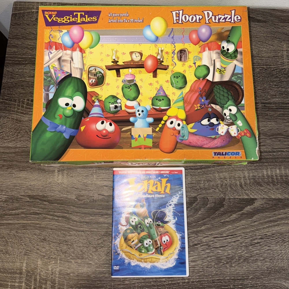 Vintage Veggie Tales Birthday Floor Puzzle 40 Pc Larry Bob Laura Blueberry Dvd